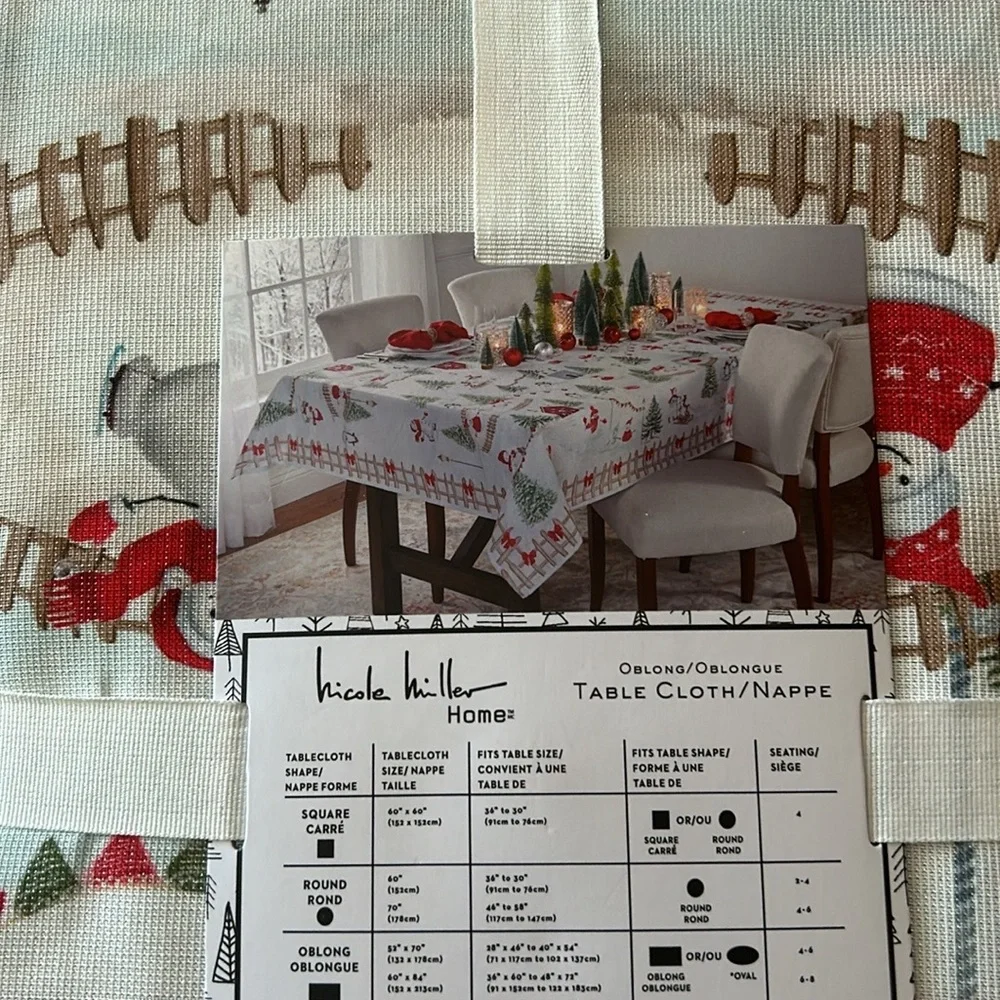 Nicole Miller Tablecloth Christmas Trees 60”x84” New Shimmery Snowman Red Bows